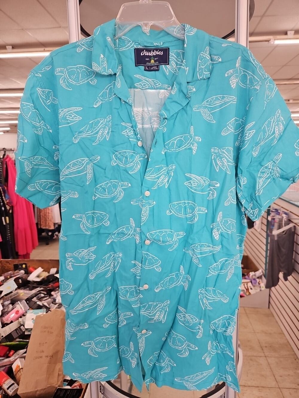 Chubbies Shirt Mens Sz Large Teal Aqua Sea Turtles Hawaiian Beach Casual